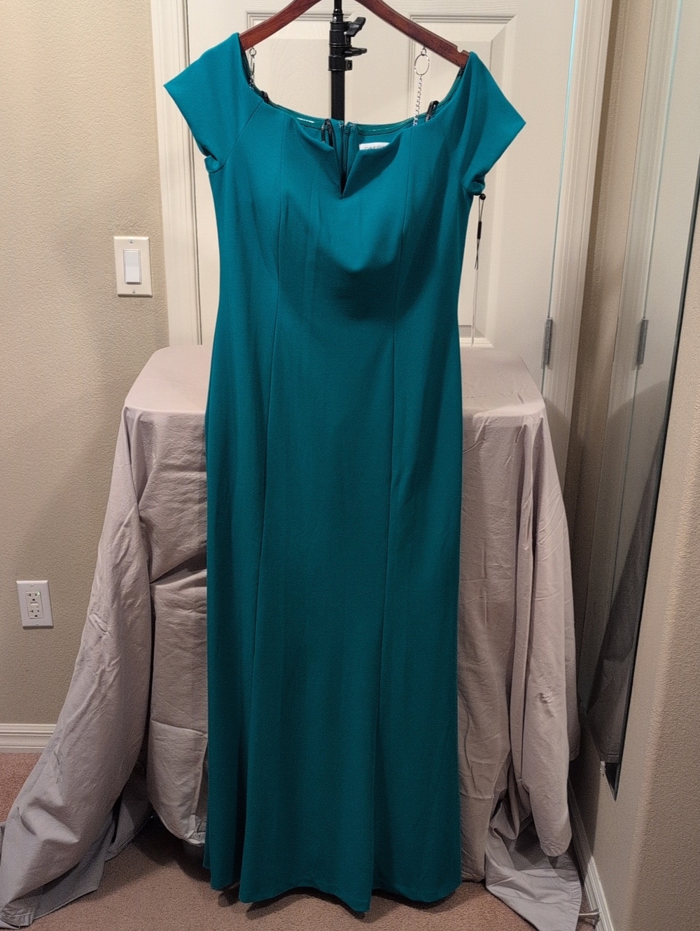 Calvin Klein Teal Off-the-Shoulder Maxi Dress